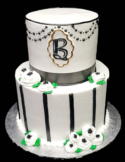 Black and White Monogram Floral Cake (Model# 32007)