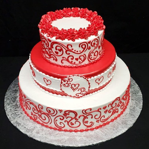 Red Hearts and Scrollwork Tiered Cake (Model# 23010)