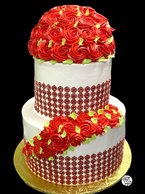 Red Rosette Two-Tier Cake with Rhinestone Bands (Model# 24201)