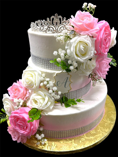 Three-tier quinceañera cake with a tiara, pink and white roses (Model# 33005)