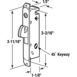 Mortise Lock, 3-11/16 in., Steel, 45 Degree Keyway, Round Face (Single Pack)