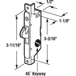 E 2121 |  Mortise Lock - Adjustable, Spring-Loaded Hook Latch Projection for Sliding Patio Doors Constructed of Wood, Aluminum and Vinyl, 3-11/16”, 45 Degree Keyway, Round Face (Single Pack)