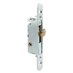 Mortise Lock - Adjustable, Spring-Loaded Hook Latch Projection for Sliding Patio Doors Constructed of Wood, Aluminum and Vinyl, 3-11/16 in., 45 Degree Keyway, Round Face