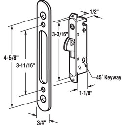 Mortise Lock - Adjustable, Spring-Loaded Hook Latch Projection for Sliding Patio Doors Constructed of Wood, Aluminum and Vinyl, 3-11/16 in., 45 Degree Keyway, Round Face