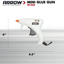  Arrow MT300 Mini Glue Gun shown with product dimensions of approximately 4.5 inches long and 6 inches high.