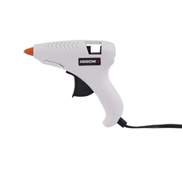  White Arrow mini hot glue gun with black trigger, orange nozzle, and power cord shown in side view on a white background.