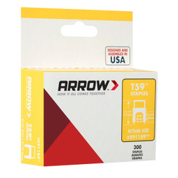 rrow staples packaging box with white, red, and yellow design, highlighting 1/2-inch staples, 5,000-count pack, and Made in USA branding.