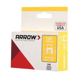 Arrow T50 staples packaging box with white, red, and yellow design, highlighting 1/2-inch staples, 5,000-count pack, and Made in USA branding.