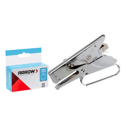 Arrow P22 5/16-inch heavy-duty staples package shown beside a chrome Arrow P22 plier stapler on a white background.