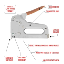 Arrow T25 staple gun infographic highlighting its cushioned grip, chromed-steel body, easy-load magazine, grooved wire guide, staple-viewing window, jam-resistant mechanism, and compatibility with all T25 staple sizes.