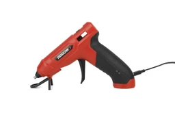  Red and black Arrow hot glue gun with black trigger, metal stand, and power cord shown in side view on a white background.
