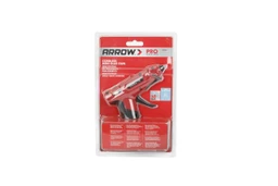  Back of Arrow hot glue gun retail packaging showing product features, operating information, specifications, and barcode.