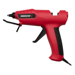  Red and black Arrow hot glue gun with black trigger, metal stand, and power cord shown in side view on a white background.