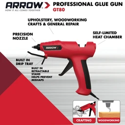 Arrow GT80 Professional Glue Gun feature graphic highlighting its precision nozzle, self-limiting heat chamber, built-in drip tray, and industrial grip for crafting and general repairs.