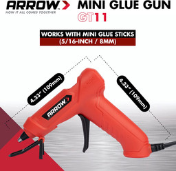  Arrow GT11 Mini Glue Gun shown with compatibility callouts for 5/16-inch mini glue sticks and compact product dimensions.