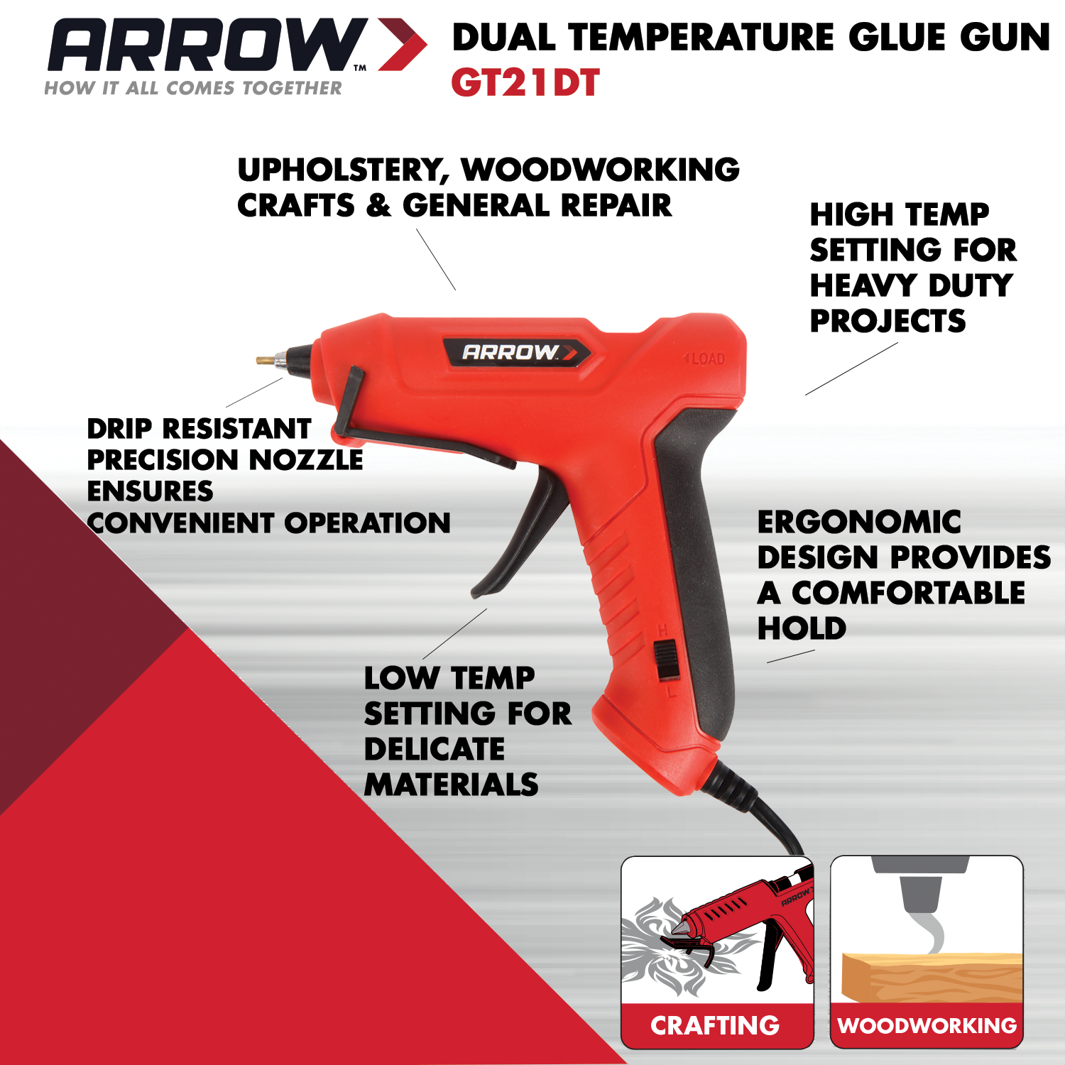 Arrow Full Size Dual Temp Glue Gun Kit – 100W, Corded, Fast Heating – Includes 12 Glue Sticks