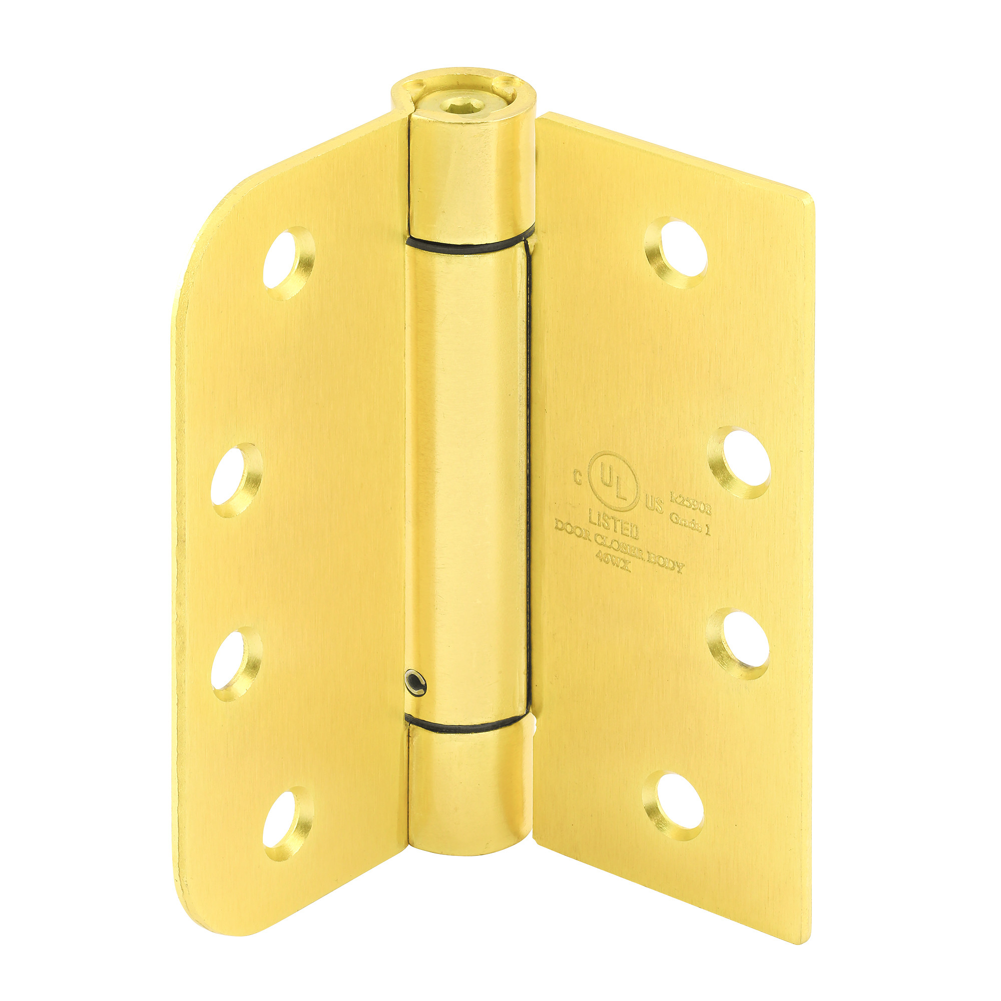 Door Hinge Commercial UL Adjustable Self-Closing Spring Hinge, 4 in. x 4 in. with Unilateral Square & 5/8 in. Radius Corners, 4 Holes per Leaf with Unilateral Square & Screws, Satin Brass Finish, .130 in. Gauge (3 Pack)