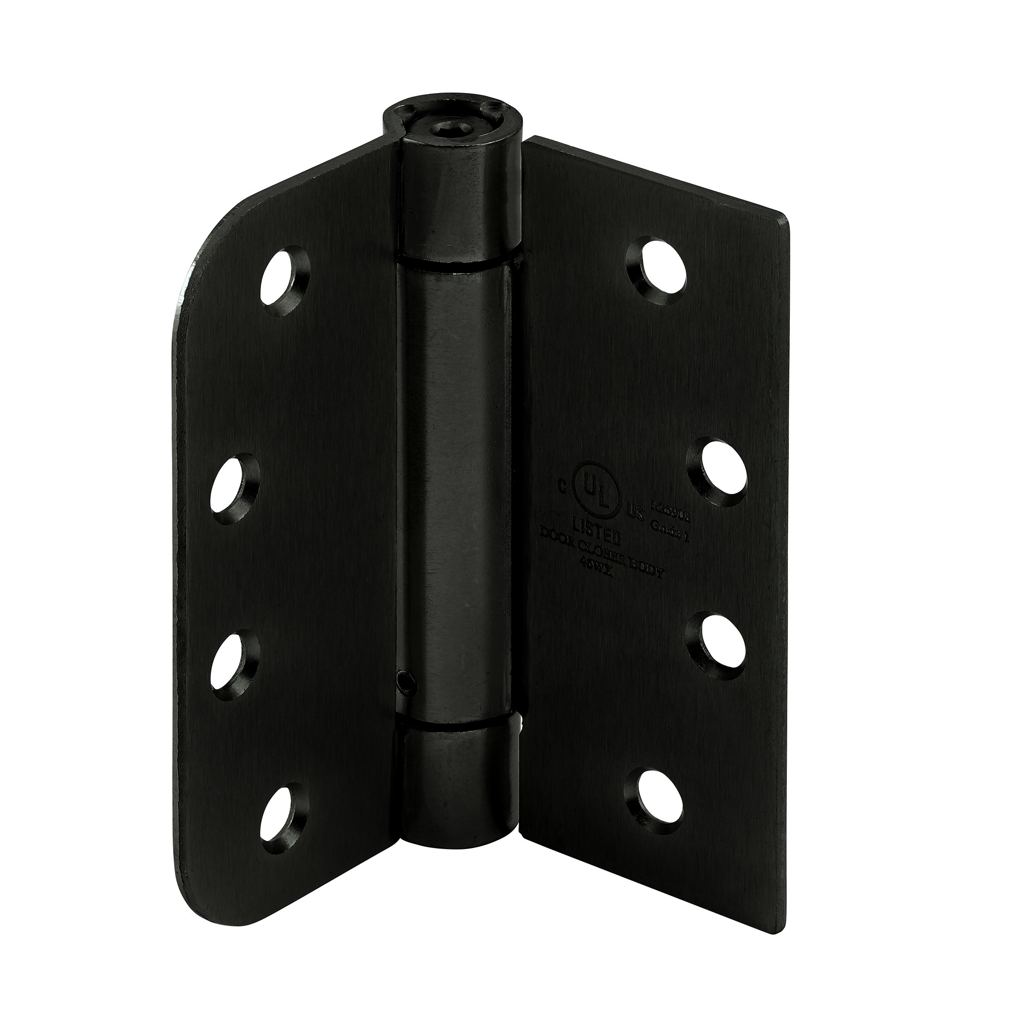 Door Hinge Commercial UL Adjustable Self-Closing Spring Hinge, 4 in. x 4 in. with Unilateral Square & 5/8 in. Radius Corners, 4 Holes per Leaf with Unilateral Square & Screws, Matte Black Finish, .130 in. Gauge (3 Pack)