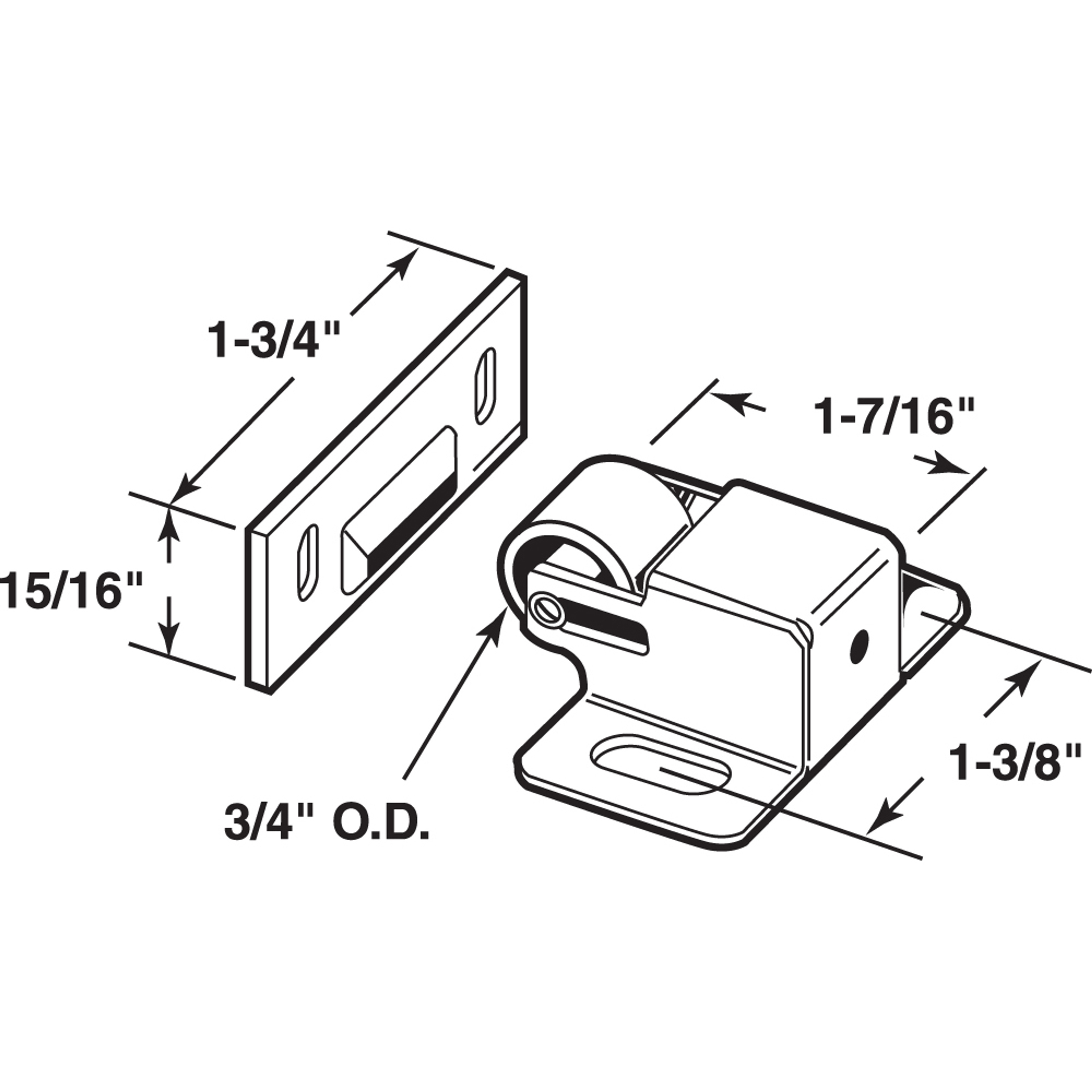 Cabinet Door Roller Catch, Brass Plated Steel Housing and Strike, Spring Loaded