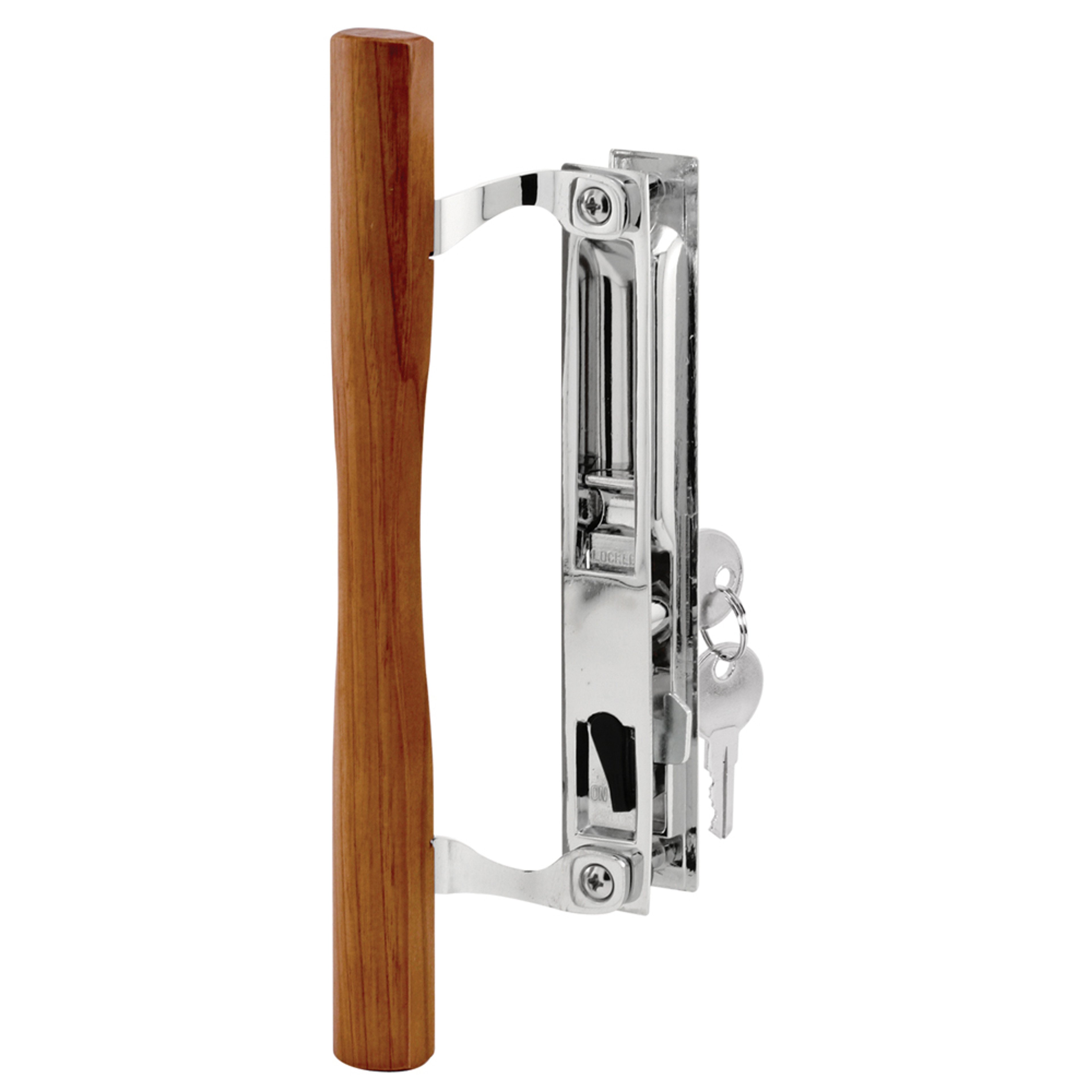 Keyed Sliding Glass Door Handle Set – Replace Old or Damaged Door Handles Quickly and Easily – Wood & Chrome Plated Diecast, Hook Style, Flush Mount, Fits 6-5/8” Hole Spacing (1 Set)