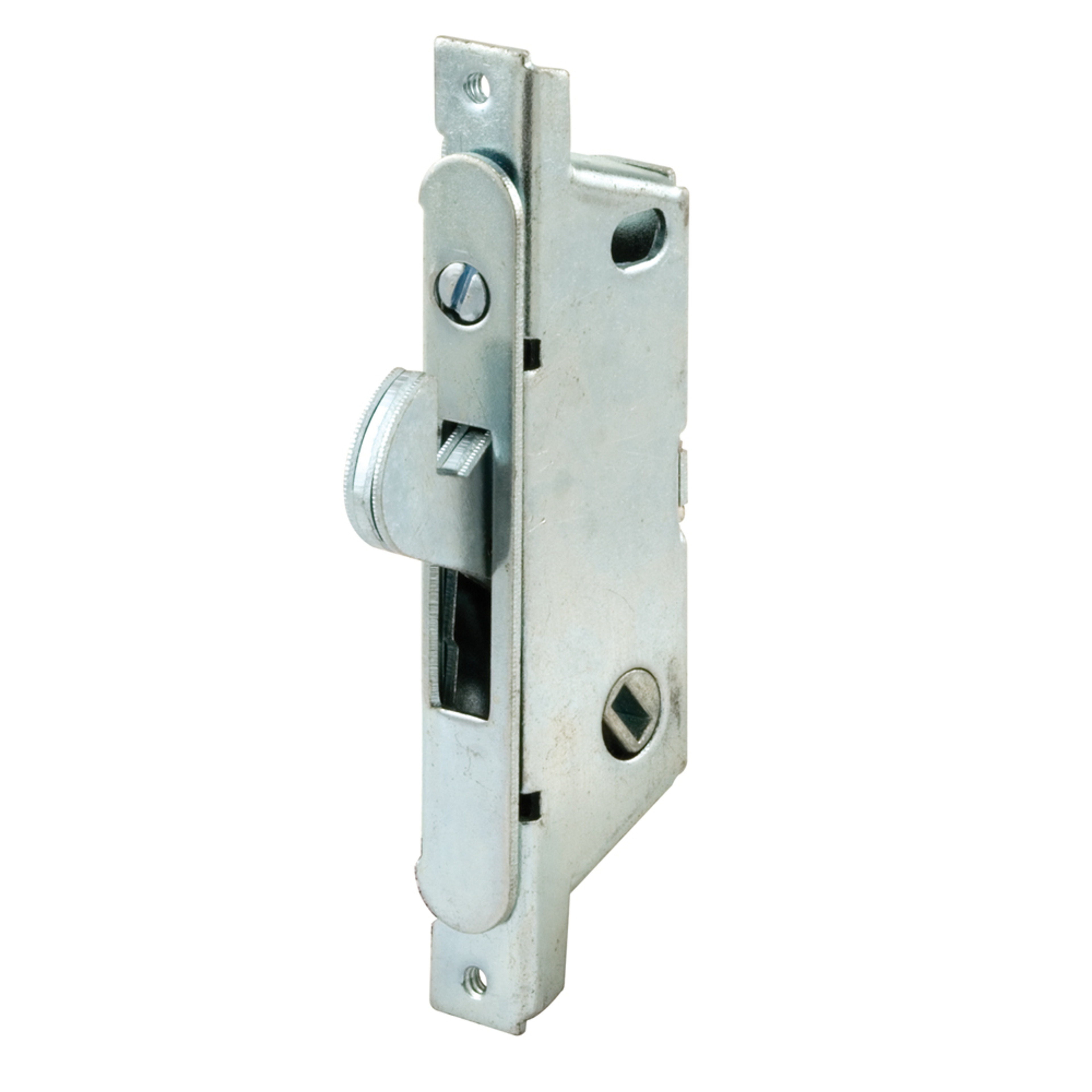 E 2121 |  Mortise Lock - Adjustable, Spring-Loaded Hook Latch Projection for Sliding Patio Doors Constructed of Wood, Aluminum and Vinyl, 3-11/16”, 45 Degree Keyway, Round Face (Single Pack)