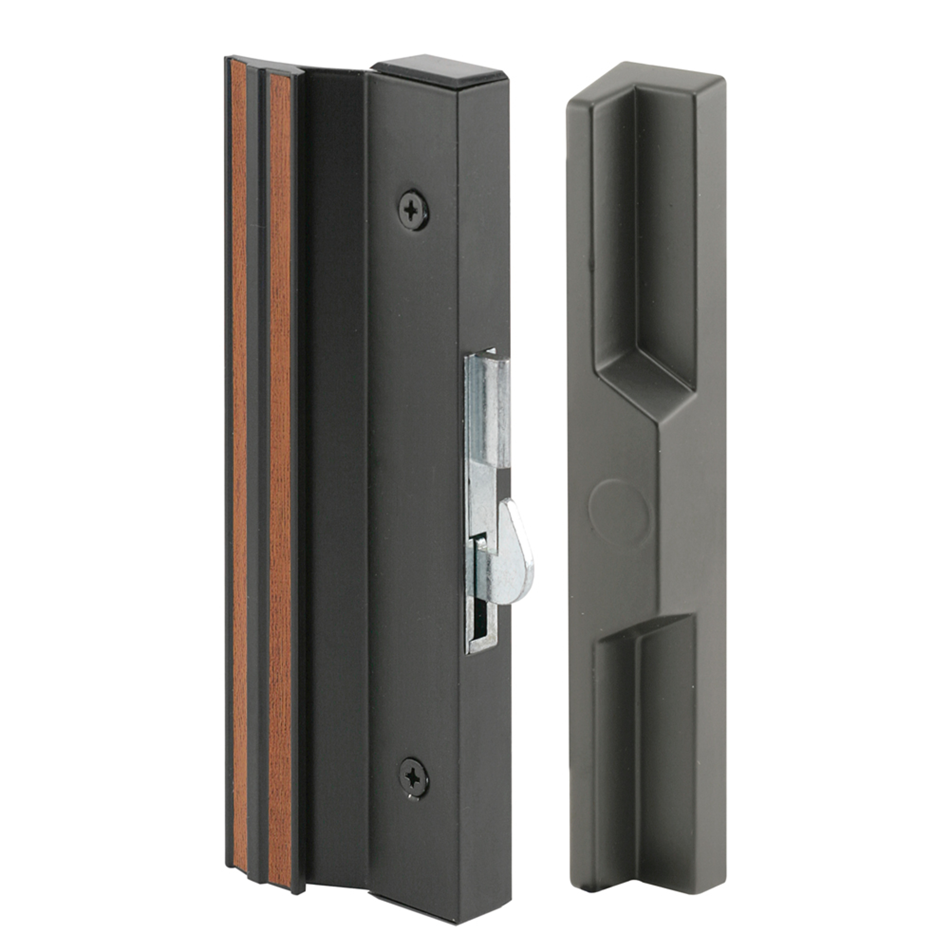 Sliding Patio Door Handle Set, 4-15/16 in., Extruded Aluminum, Hook Latch, Black w/Wood Grain (Single Pack)