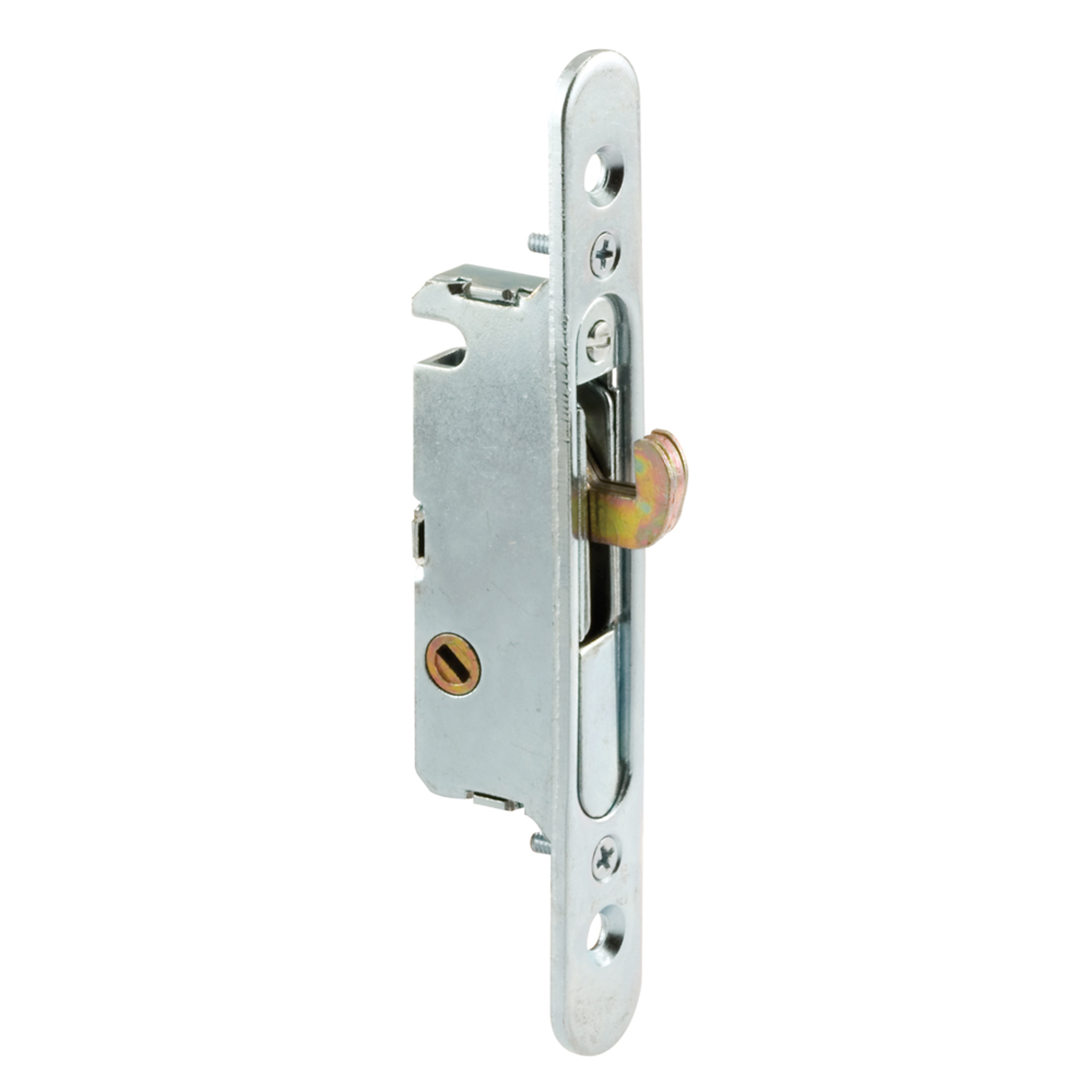 Mortise Lock - Adjustable, Spring-Loaded Hook Latch Projection for Sliding Patio Doors Constructed of Wood, Aluminum and Vinyl, 3-11/16 in., 45 Degree Keyway, Round Face