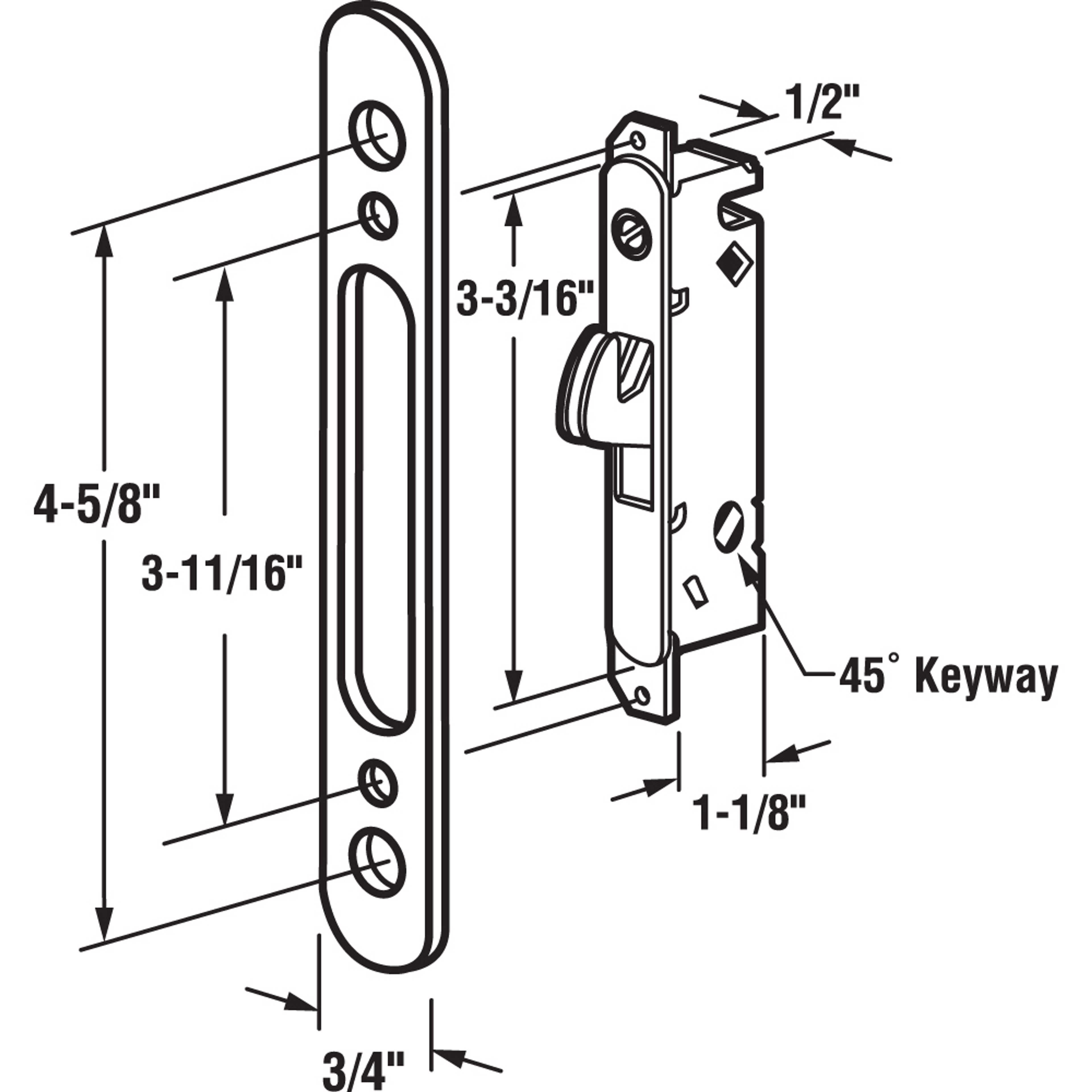 Mortise Lock - Adjustable, Spring-Loaded Hook Latch Projection for Sliding Patio Doors Constructed of Wood, Aluminum and Vinyl, 3-11/16 in., 45 Degree Keyway, Round Face