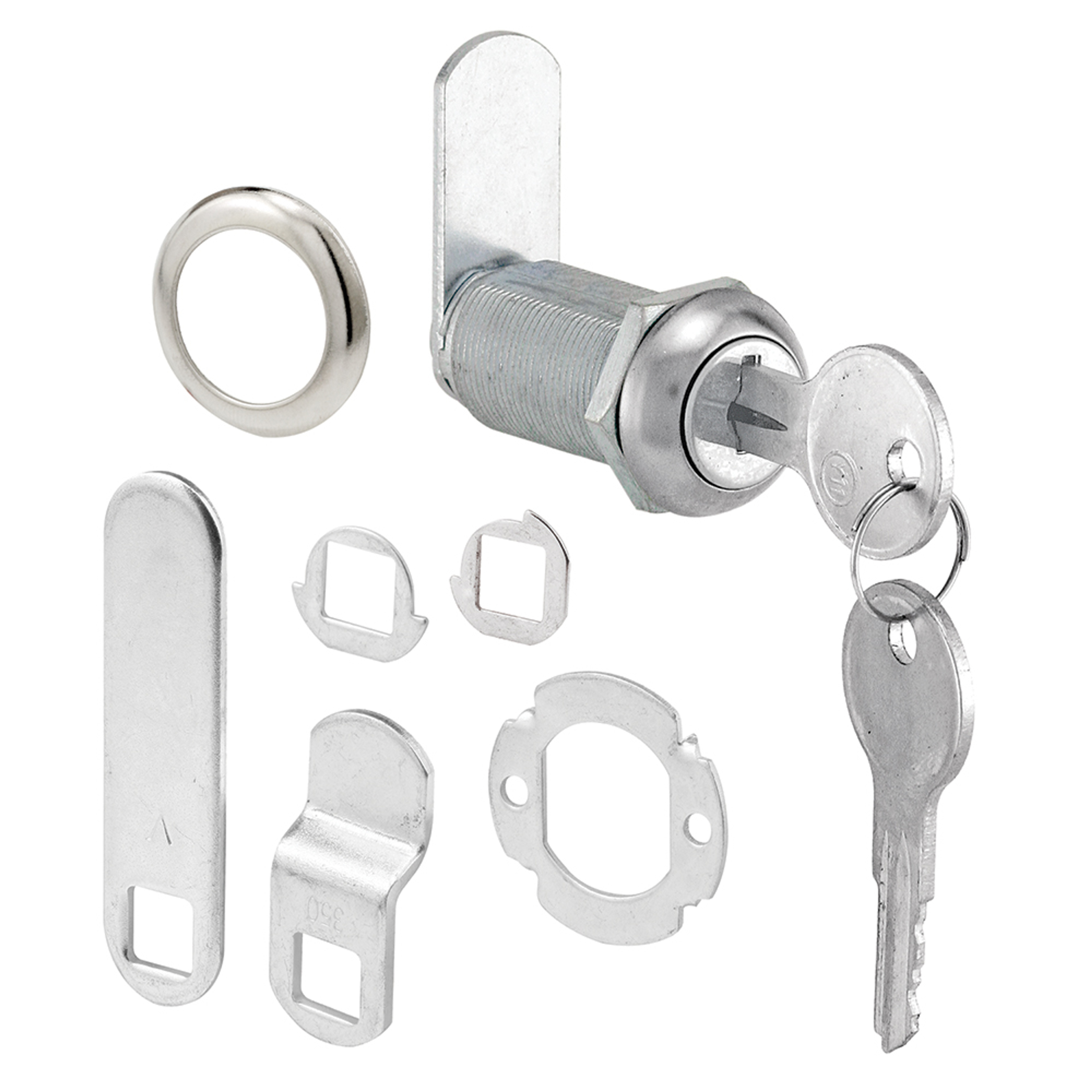 Diecast Keyed Alike Drawer and Cabinet Lock – 3 Cams, Trim Collar, 2 Washers, 2 Keys and Fasteners – 1-3/8 in. Length for 1 in. Max Panel Thickness, Stainless Steel (1 Set)