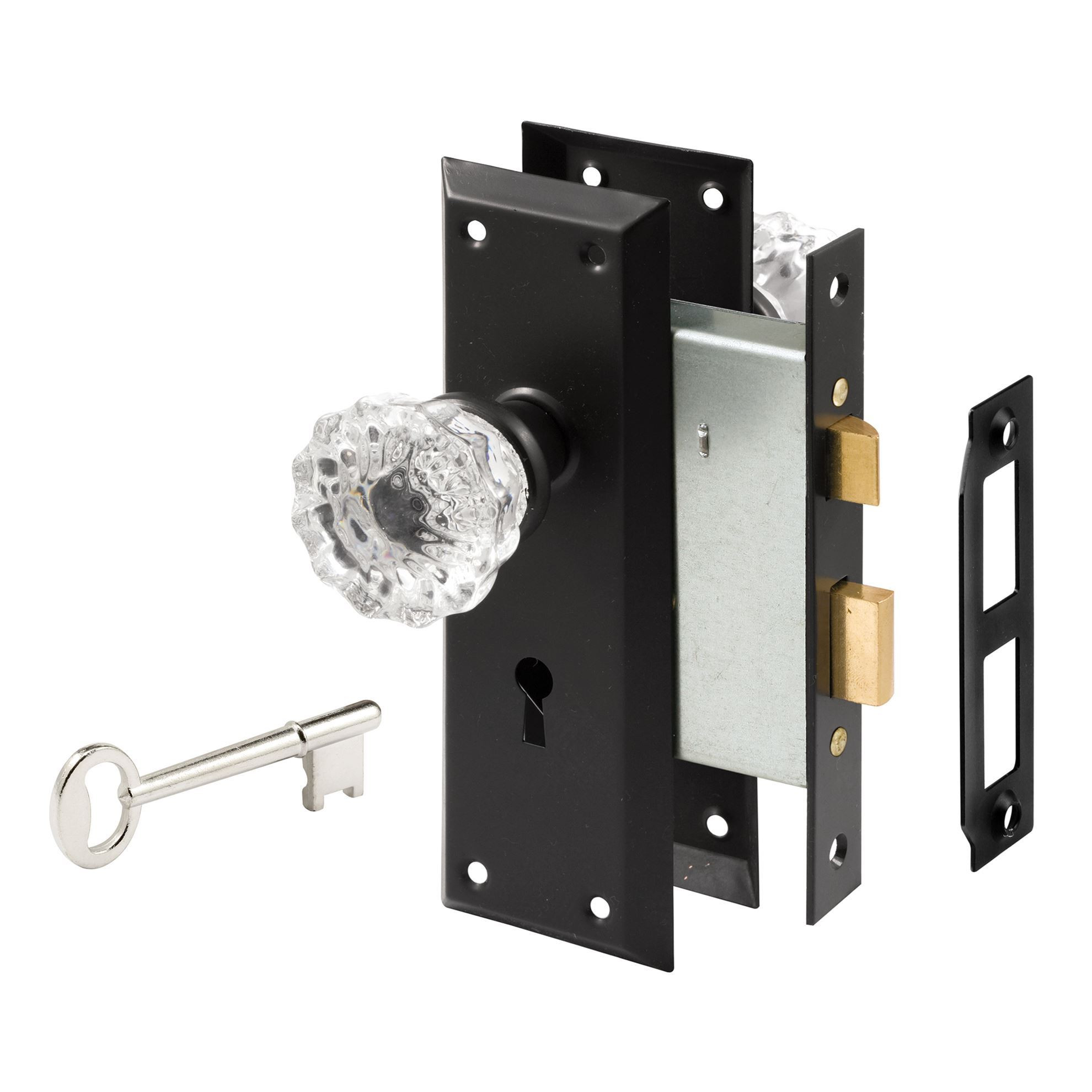 E 28338 | Matte Black Mortise Keyed Lock Set with Glass Knob