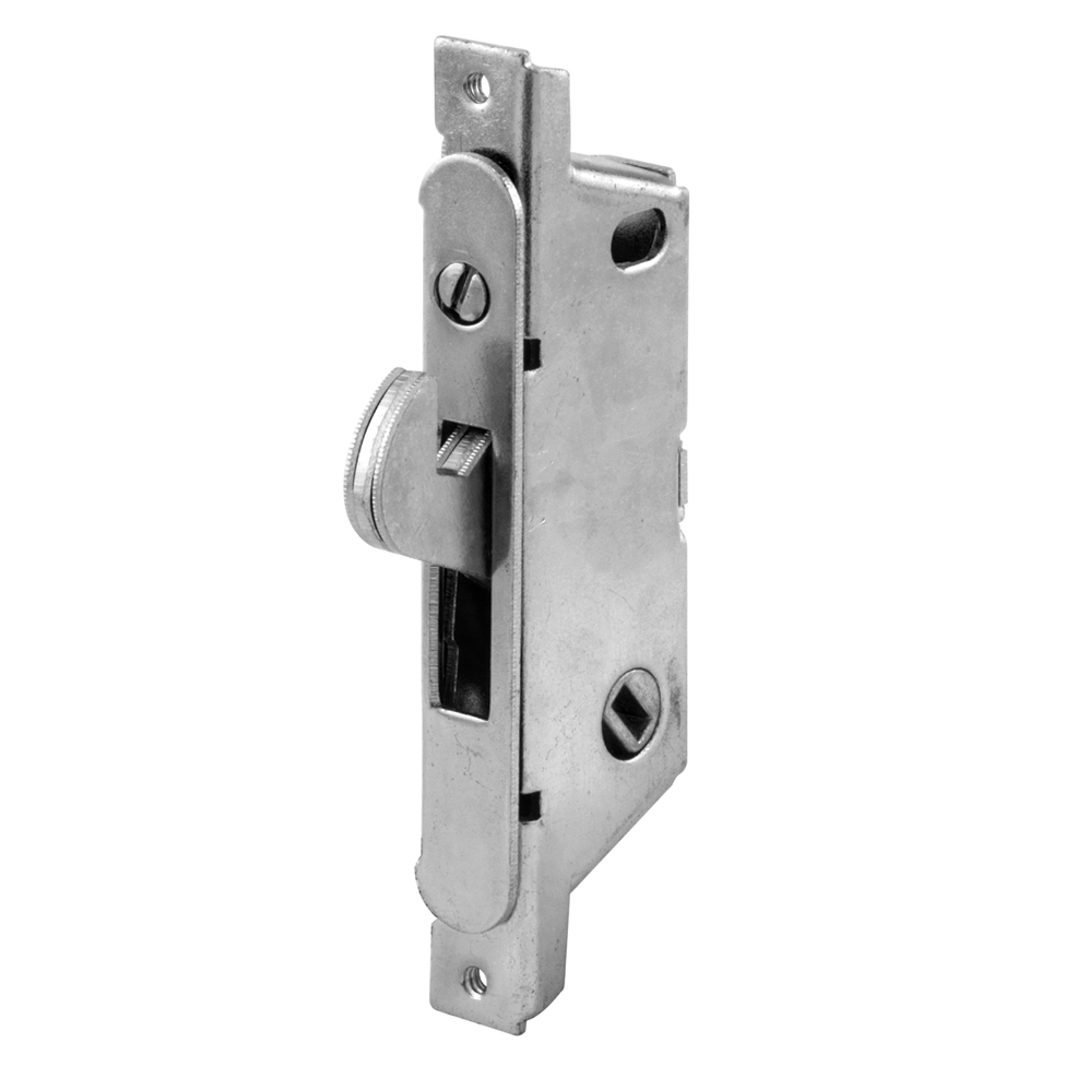 E 2187 |  Mortise Lock - Adjustable, Spring-Loaded Hook Latch Projection for Sliding Patio Doors Constructed of Wood, Aluminum and Vinyl, 3-11/16”, 45 Degree Keyway, Round Face (Single Pack)