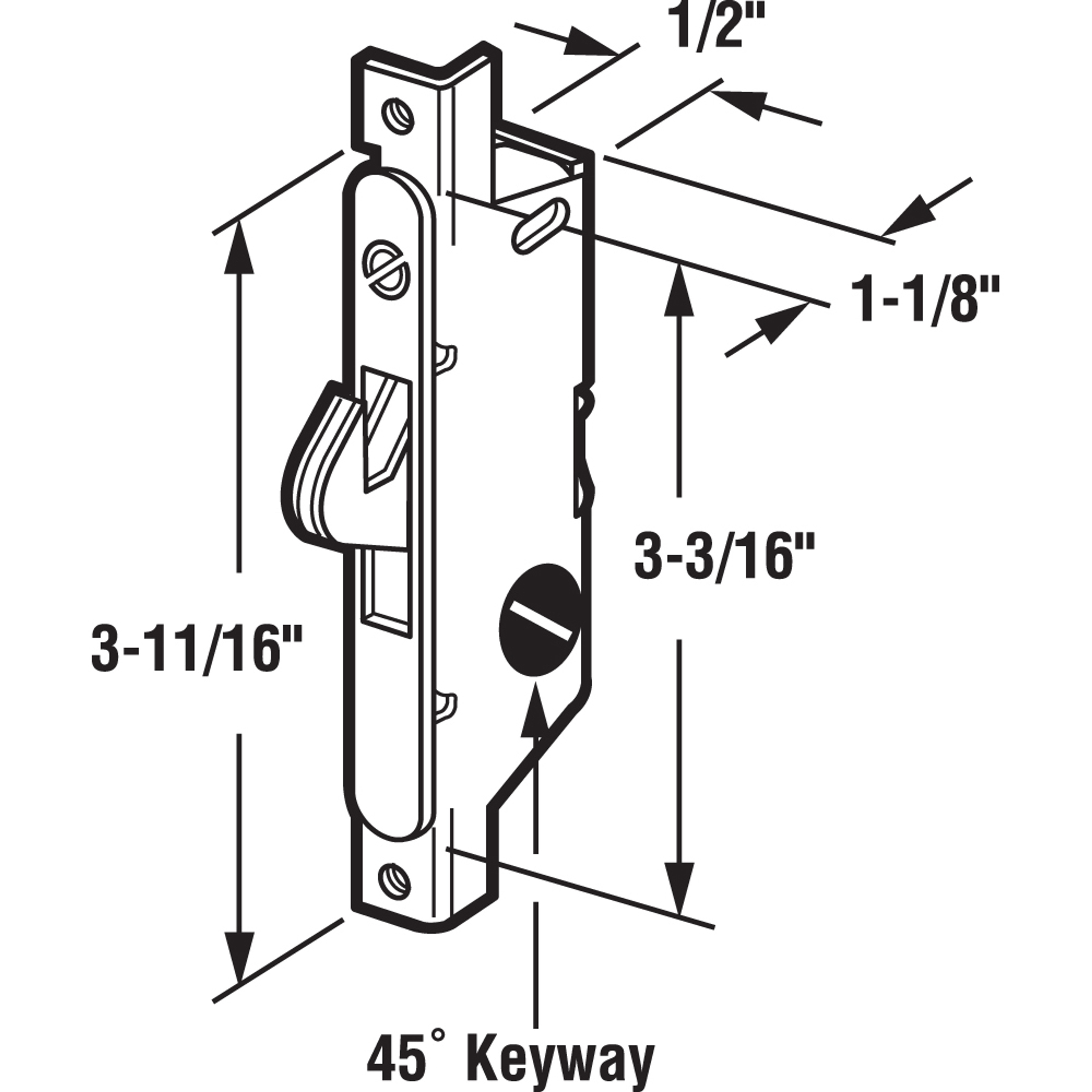 E 2187 |  Mortise Lock - Adjustable, Spring-Loaded Hook Latch Projection for Sliding Patio Doors Constructed of Wood, Aluminum and Vinyl, 3-11/16”, 45 Degree Keyway, Round Face (Single Pack)