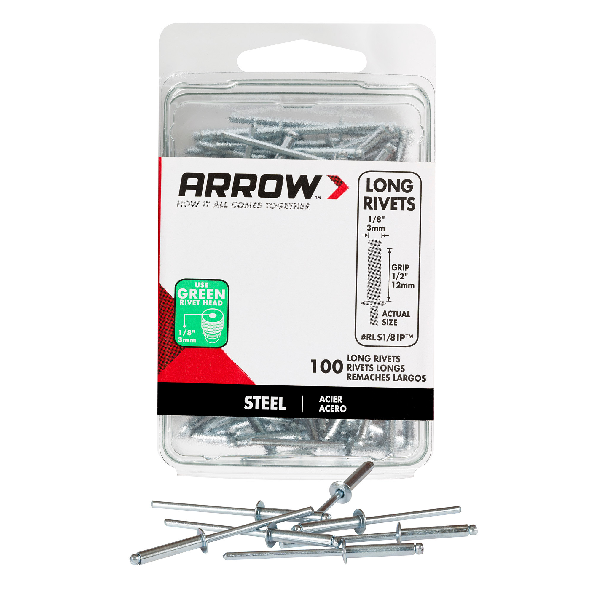 Arrow RLS1/8IP Long Steel 1/8-Inch Pop Rivets, 100-Pack - Arrow