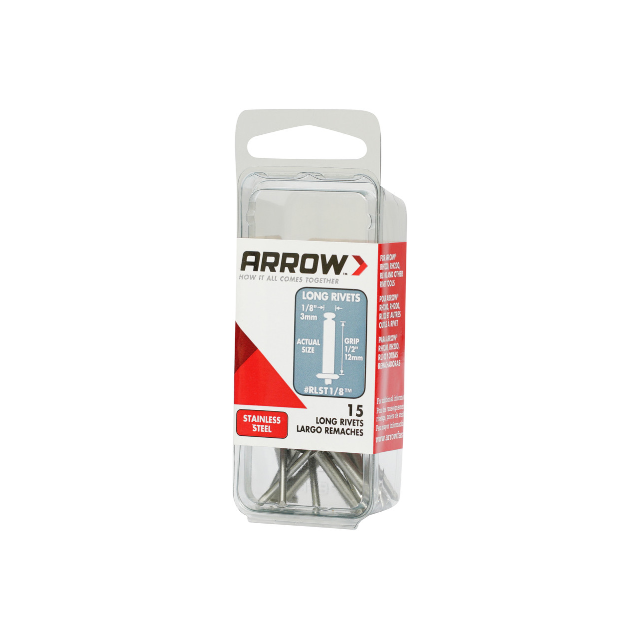 Arrow RLST1/8 Long Stainless Steel 1/8-Inch Pop Rivets, 15-Pack