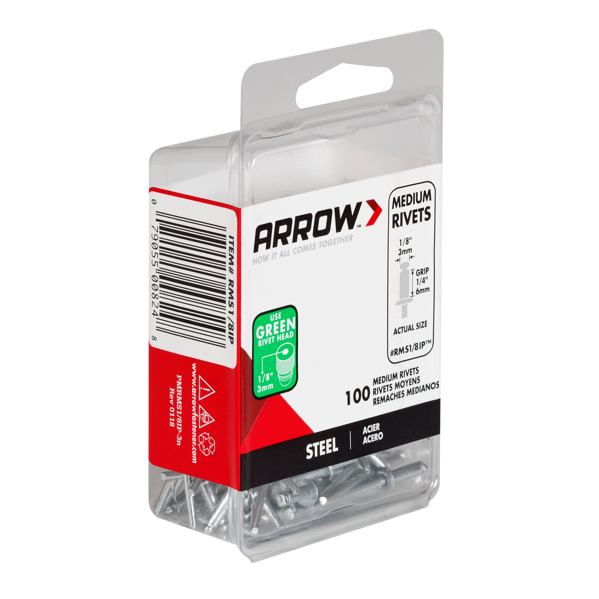 Arrow RMS1/8IP Medium Steel 1/8-Inch Pop Rivets For Metal, Fabric, Leather, A