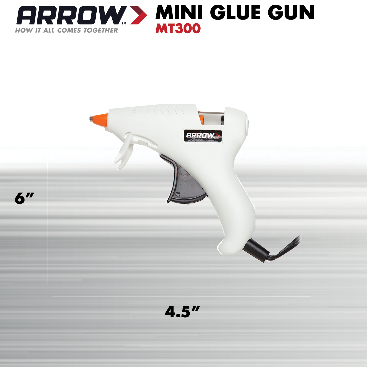  Arrow MT300 Mini Glue Gun shown with product dimensions of approximately 4.5 inches long and 6 inches high.