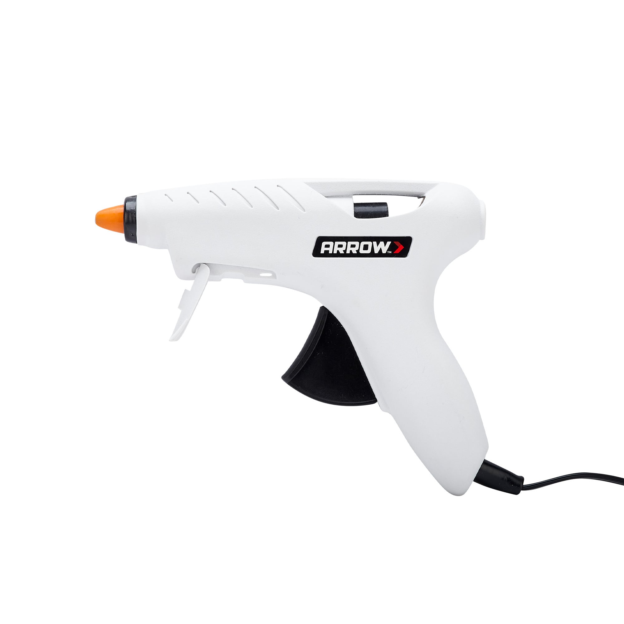  White and black Arrow hot glue gun with orange nozzle and power cord shown in side view on a white background.