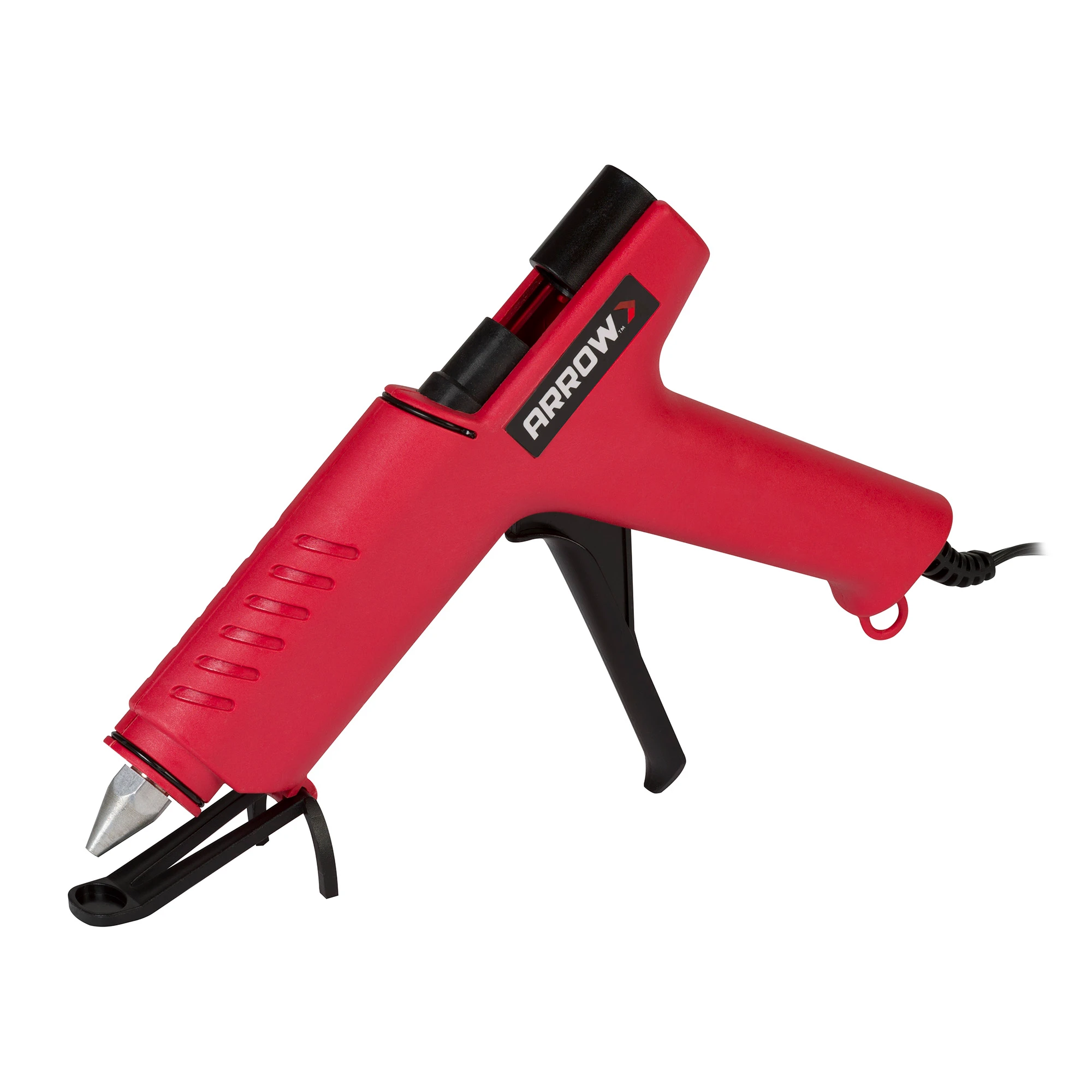  Red Arrow hot glue gun shown at an angle with black trigger, metal stand, and power cord on a white background.