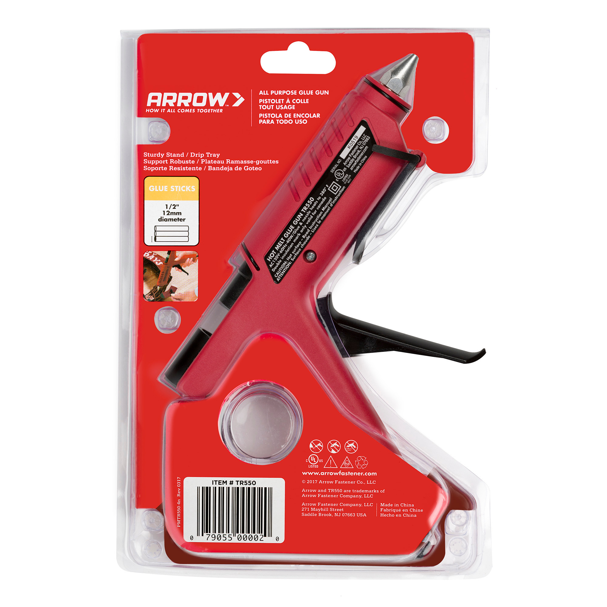  Arrow hot glue gun displayed in red and white retail packaging with product image, feature callouts, and application information.
