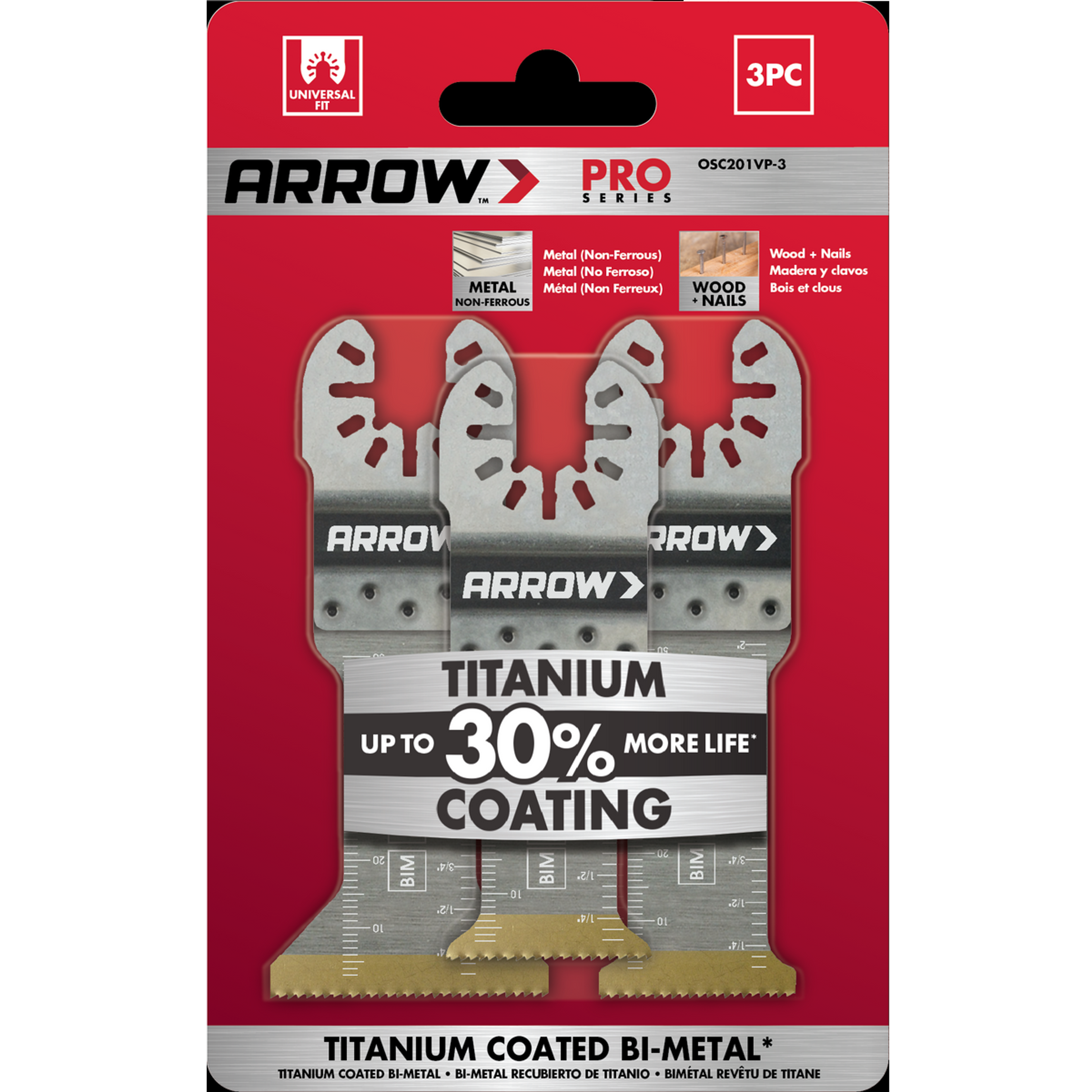 Arrow OSC201VP-3 Titanium Metal/Wood Variety Pack Oscillating Tool Blades 1-1/4, 1-1/4, 1-3/4, 3ct