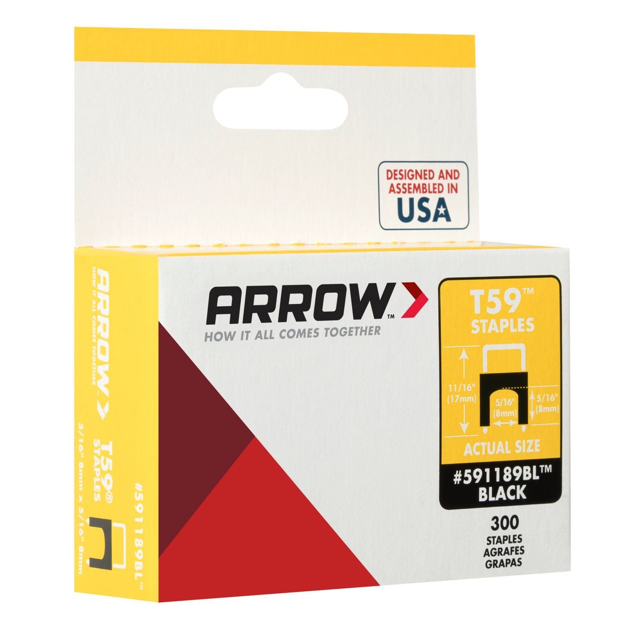 Arrow T59 insulated staples packaging box with white, red, and yellow design, highlighting 5/16-inch staples, 300-count pack, and Made in USA branding.