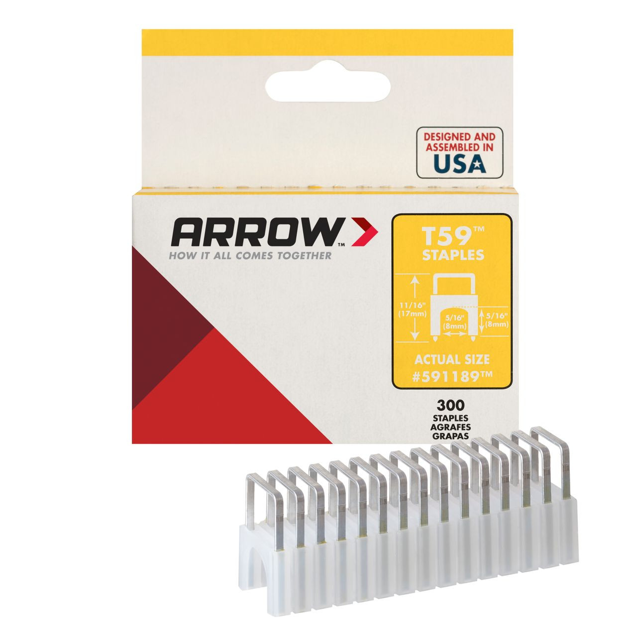 Arrow T59 staples package shown with a strip of silver staples, highlighting T59 compatibility and Made in USA branding.
