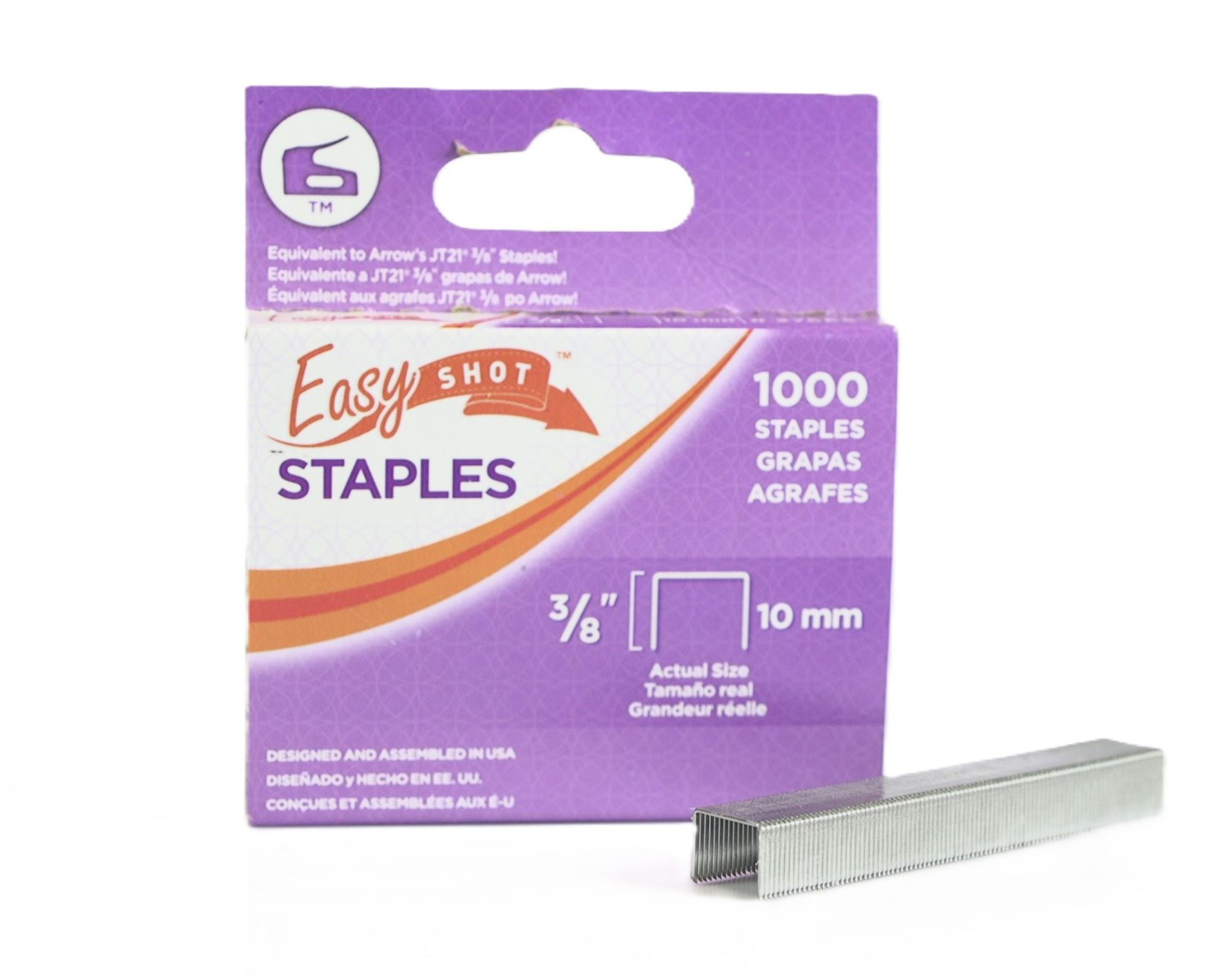 EasyShot 3/8-inch staples retail package containing 1,000 staples, with a strip of silver staples displayed in front.