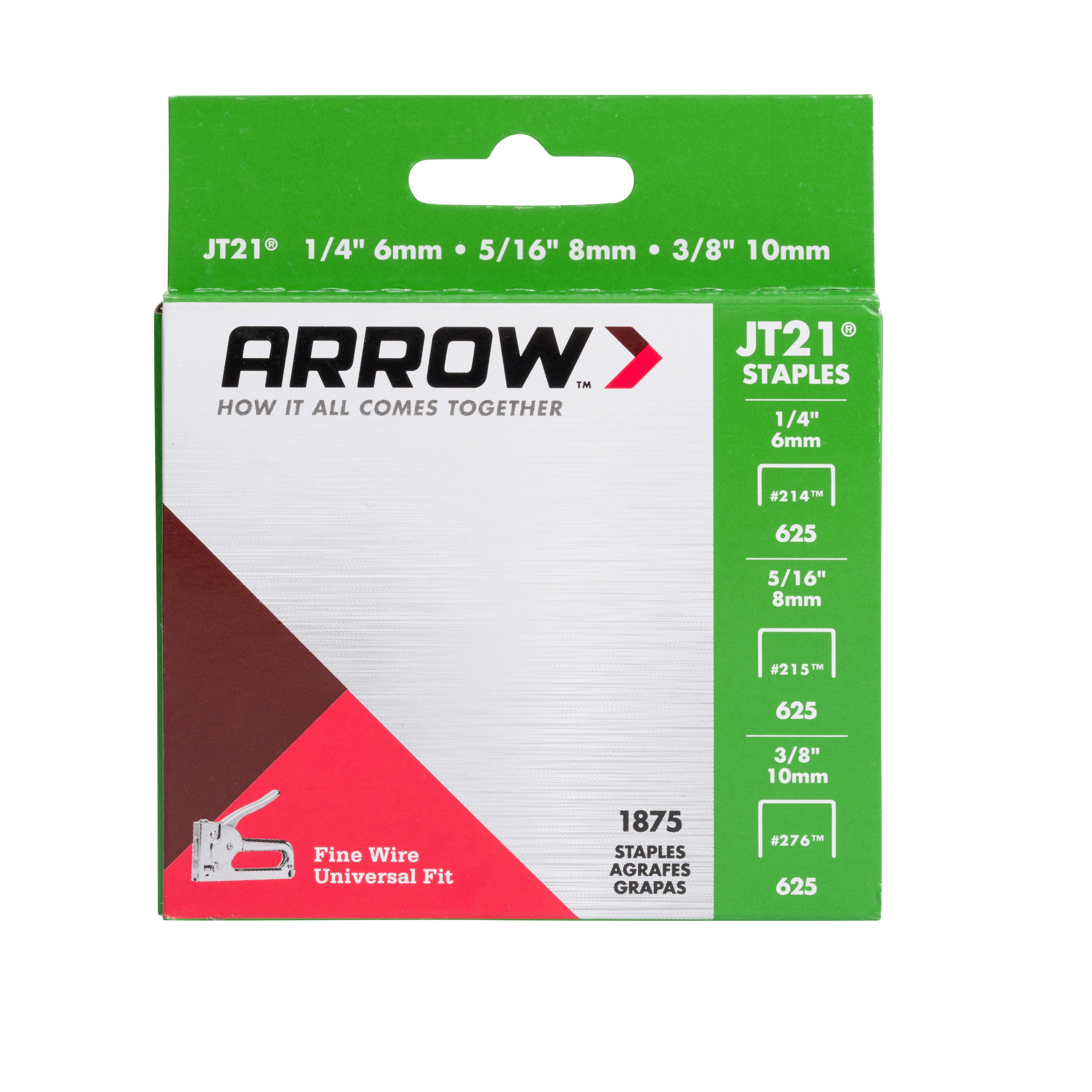 Arrow JT21 light-duty staple multipack package containing multiple staple sizes, shown on a white background.