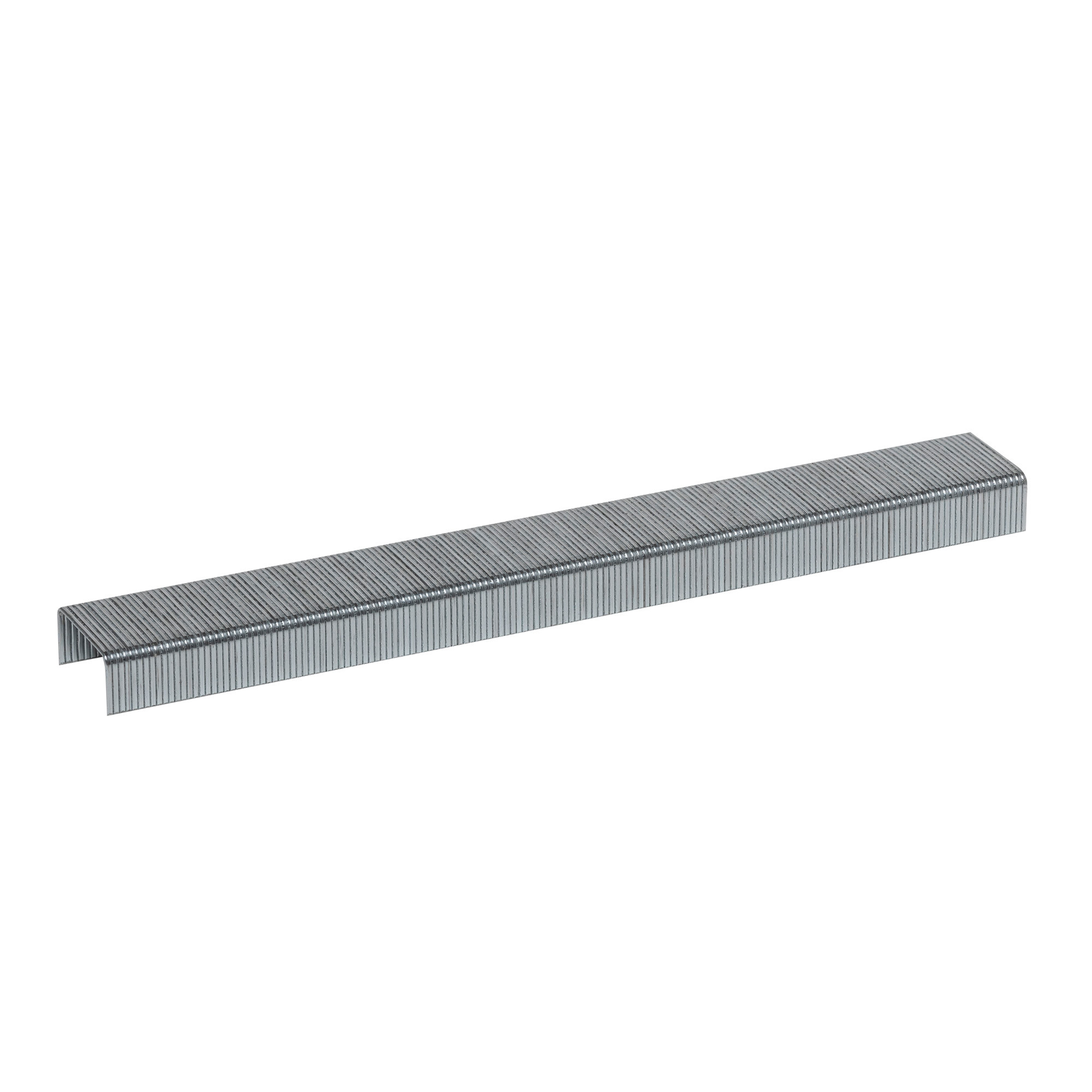 Close-up of a strip of silver Arrow P22 1/4-inch heavy-duty staples on a white background.