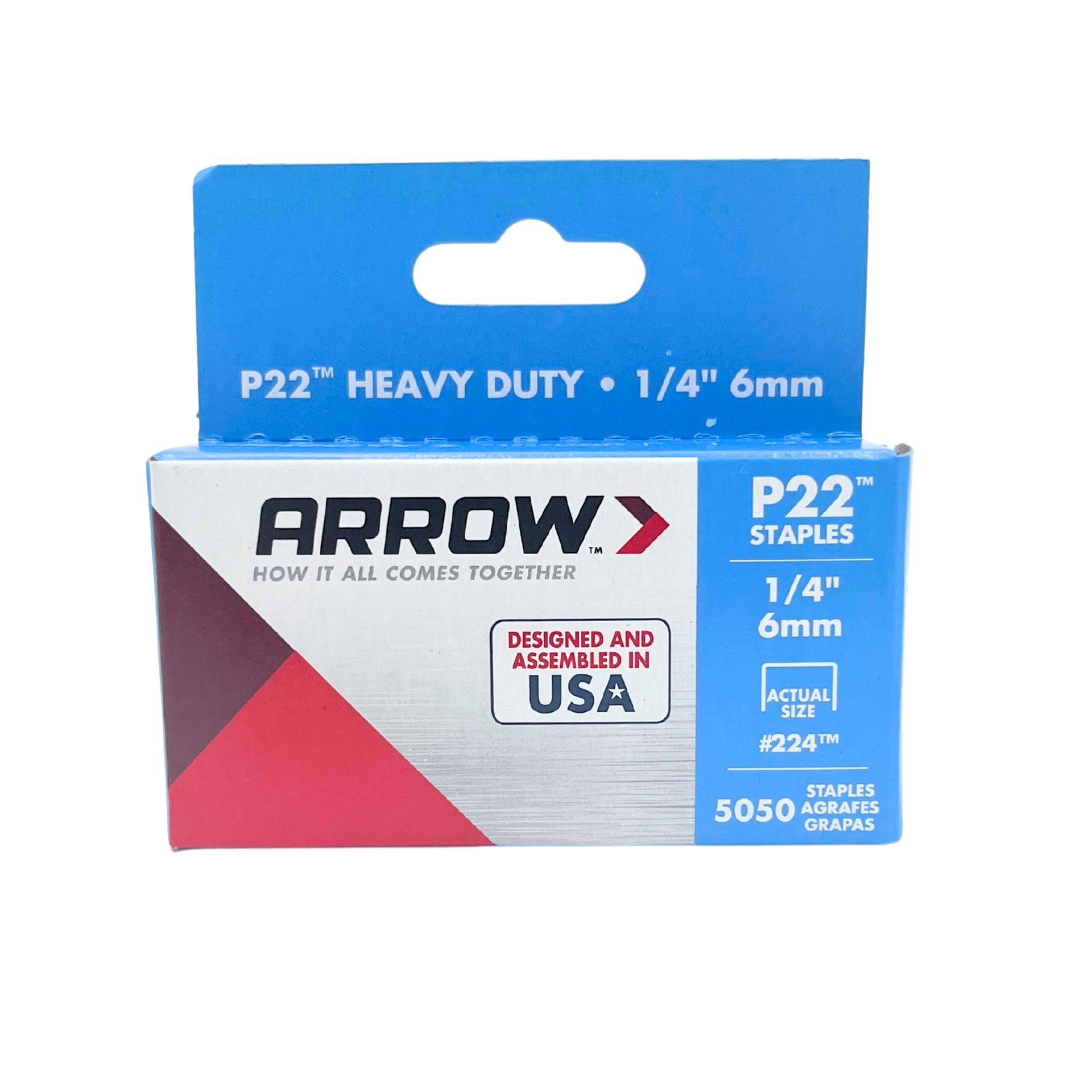 Arrow P22 1/4-inch heavy-duty staples package containing 5,050 staples, shown on a white background.