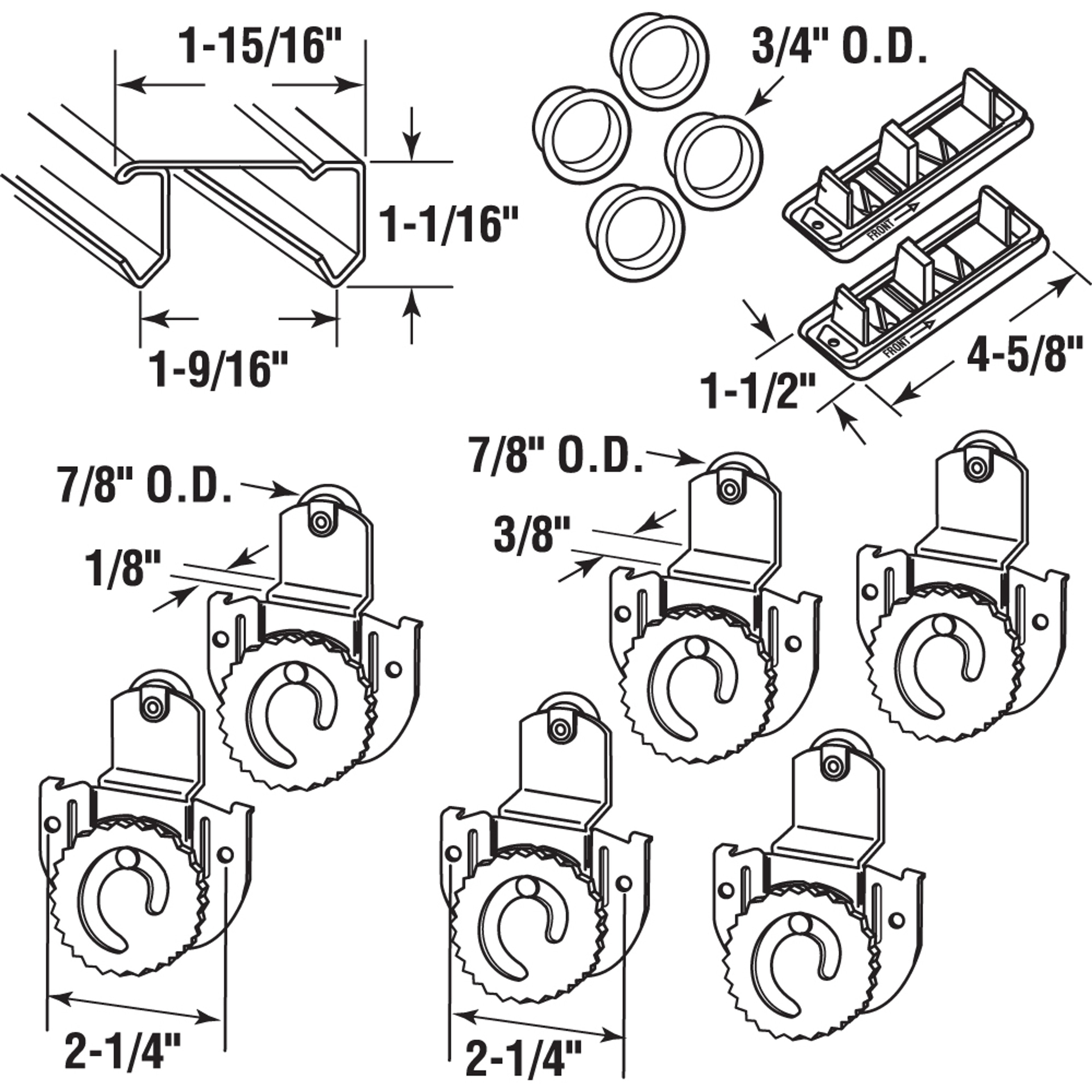  96 inch Bi-Pass Closet Door 
Track  and Hardware for 3 Doors, 1 kit per carton