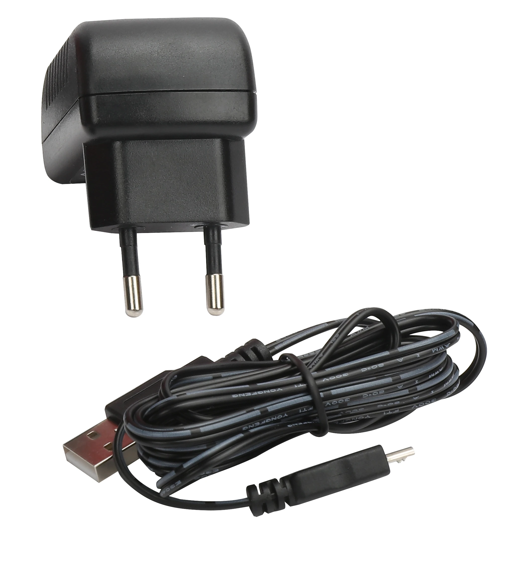  Black wall charger and USB charging cable for an Arrow cordless glue gun shown on a white background.