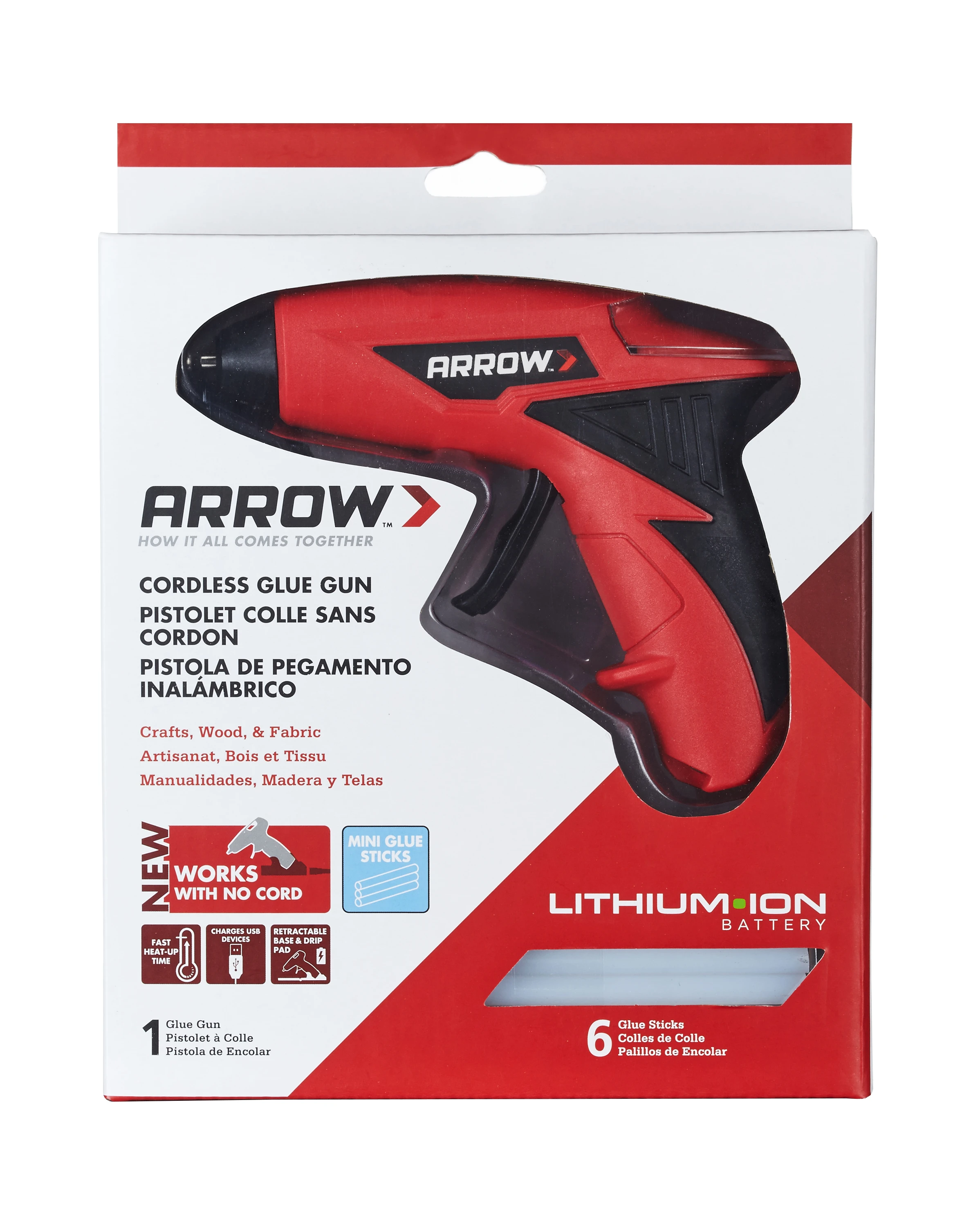  Arrow cordless glue gun displayed in red and white retail packaging with lithium-ion battery, mini glue stick compatibility, and six included glue sticks.