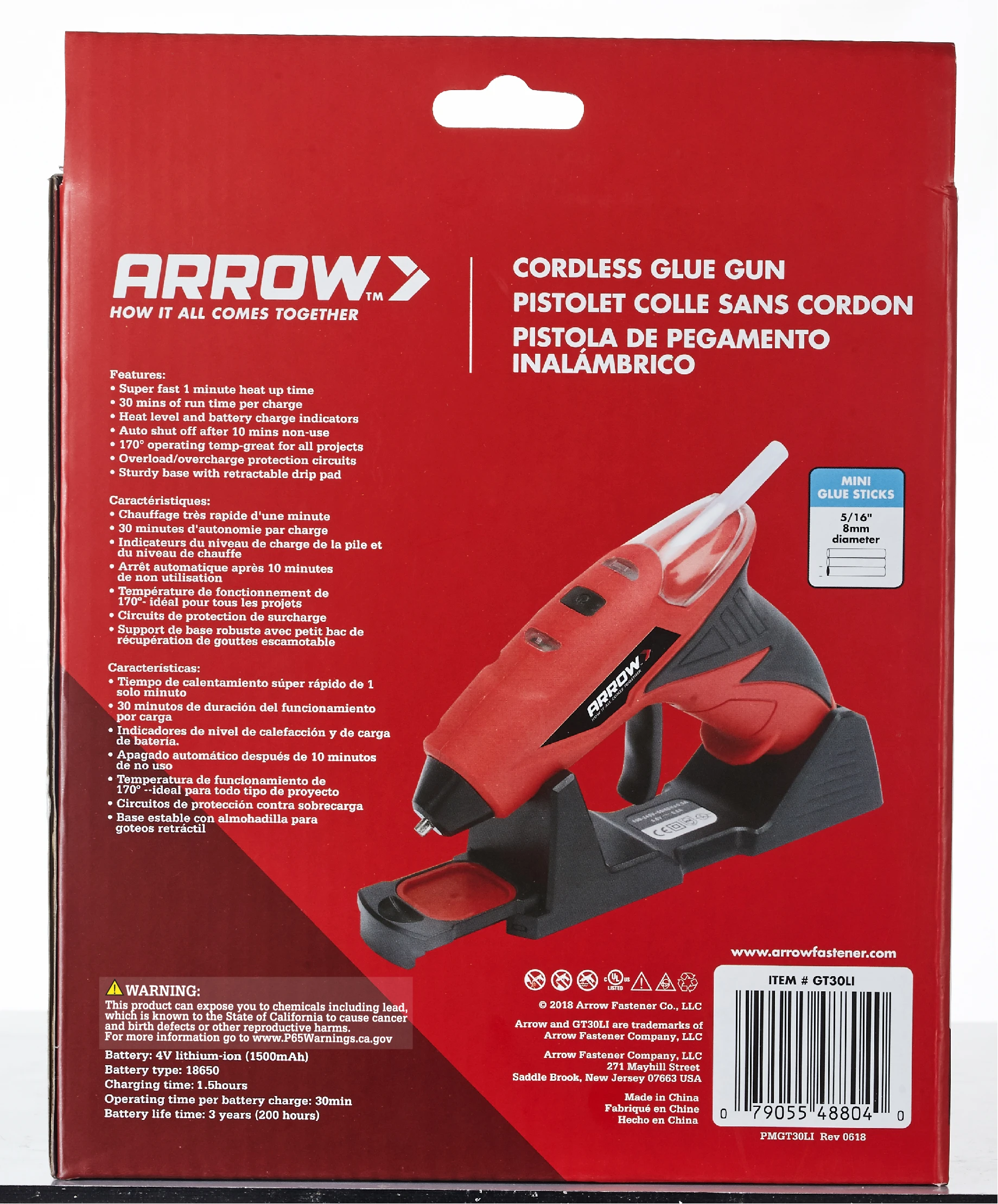  Back of Arrow cordless glue gun packaging showing product features, mini glue stick compatibility, charging and battery specifications, safety information, and barcode.